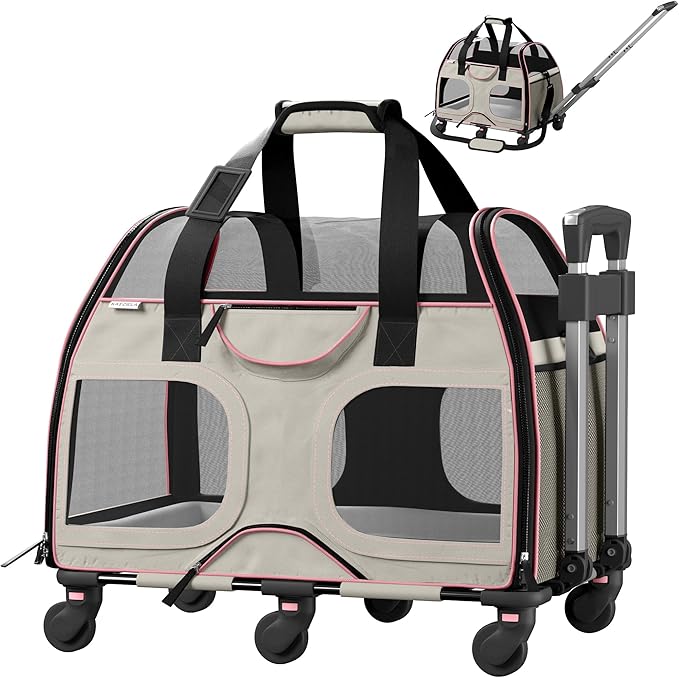 Katziela Pet Carrier - Airline Compliant Dog Carrier - TSA Approved Pet Carrier for Small Dogs and Cats - Soft FAA Travel Airplane Dog Carrier Luggage (Gray/Pink-6 Wheels)