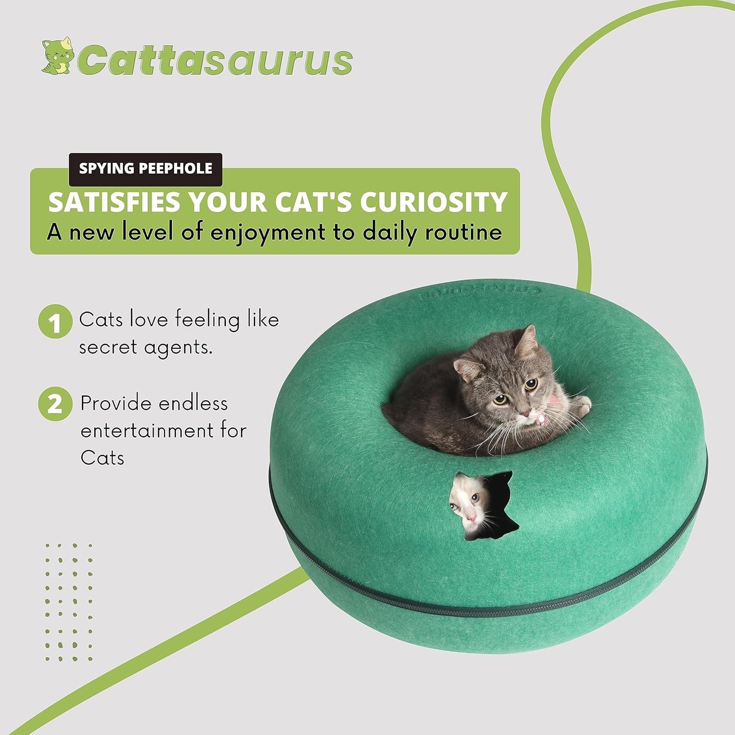 CATTASAURUS Peekaboo Cat Cave for Multiple & Large Cats Up to 30-45 Lbs, Scratch Detachable & Washable Tunnel Bed, Comfy Donut Cat Cave (Forest Green, Large)