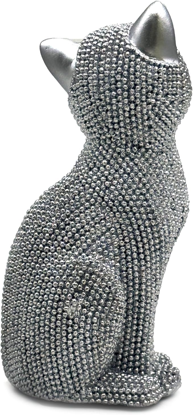 FUNSXBUG Decorative Cat Sitting Statue Art Figurines Sculpture Collectibles Home Office Desktop Decor Outdoor Garden Tabletop Display Decoration (Silver)