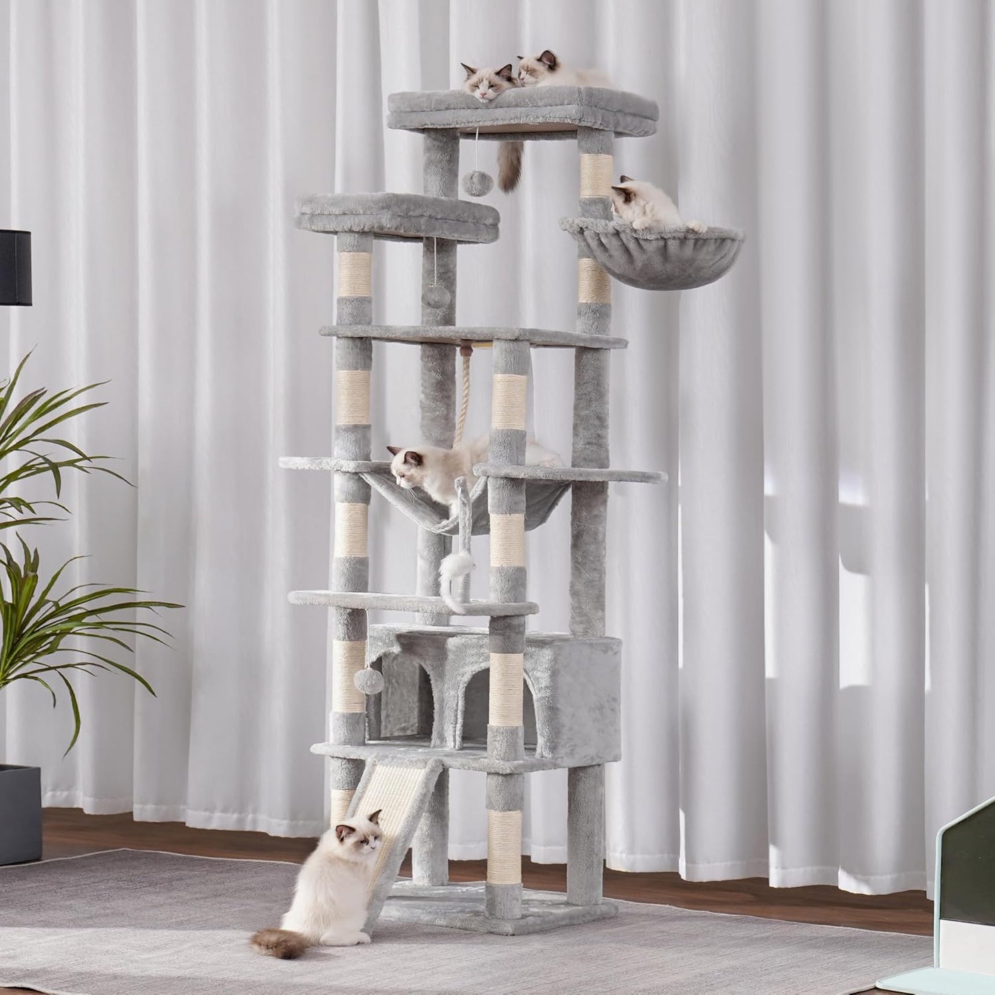 Heybly Tall Cat Tree, 78-inch Multi-Level Cat Tower for Indoor Cats, 2 Widened Plush Perches Cat Condo with Scratching Board and Big Caves, Light Gray HCT033W