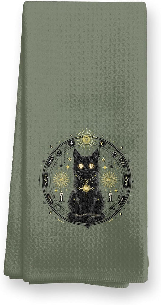 Mystical Black Cat Kitchen Towels, Boho Witchy Celestial Dish Tea Towels for Kitchen Decor, Magic Witch Astrology Black Cat Kitten Hand Towels for Bathroom Decor, 16x24 Inch