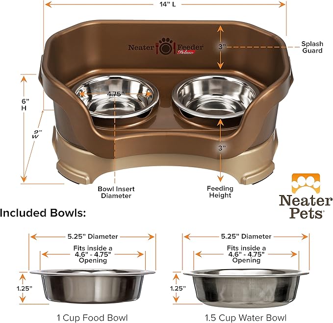 Neater Feeder Deluxe Mess Proof Cat Bowls Elevated for All Breeds – Made in USA – No Spill Raised Bowls for Indoor Cats – Stainless Steel Food and Water Bowl Set, Pet Dish Feeding Station, Bronze
