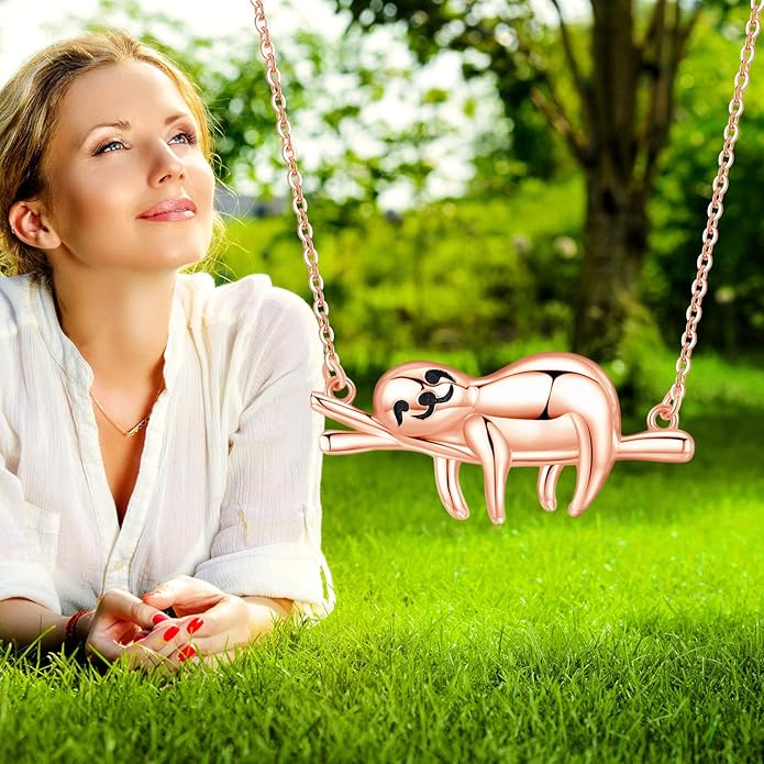 JUSTKIDSTOY Sloth Necklace Sterling Silver “Slow Down Be Happy” Slider Sloths Stuffed Animal Pendant Jewelry Charm Gifts for Women