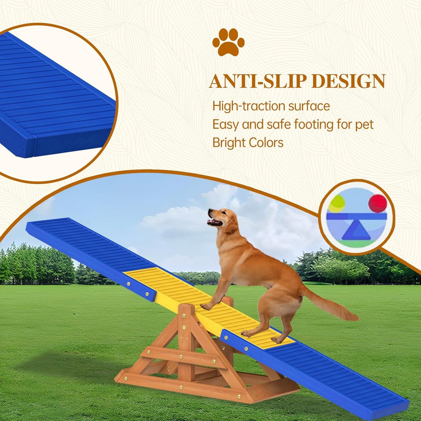 95" Wooden Dog Seesaw, Dogs Agility Course Backyard Set for Training and Exercise - Outdoor Big Dog Agility Equipment Practice See Saw