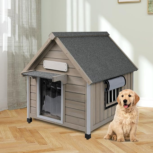 Outdoor Dog House Weatherproof Large Wooden Dog Kennel Indoor for Small Dogs with Chew-Proof Frame, Oxford Fabric Window, Removable Floor Pet Shelter (Grey, 26" D x 31.9" W x 32" H)
