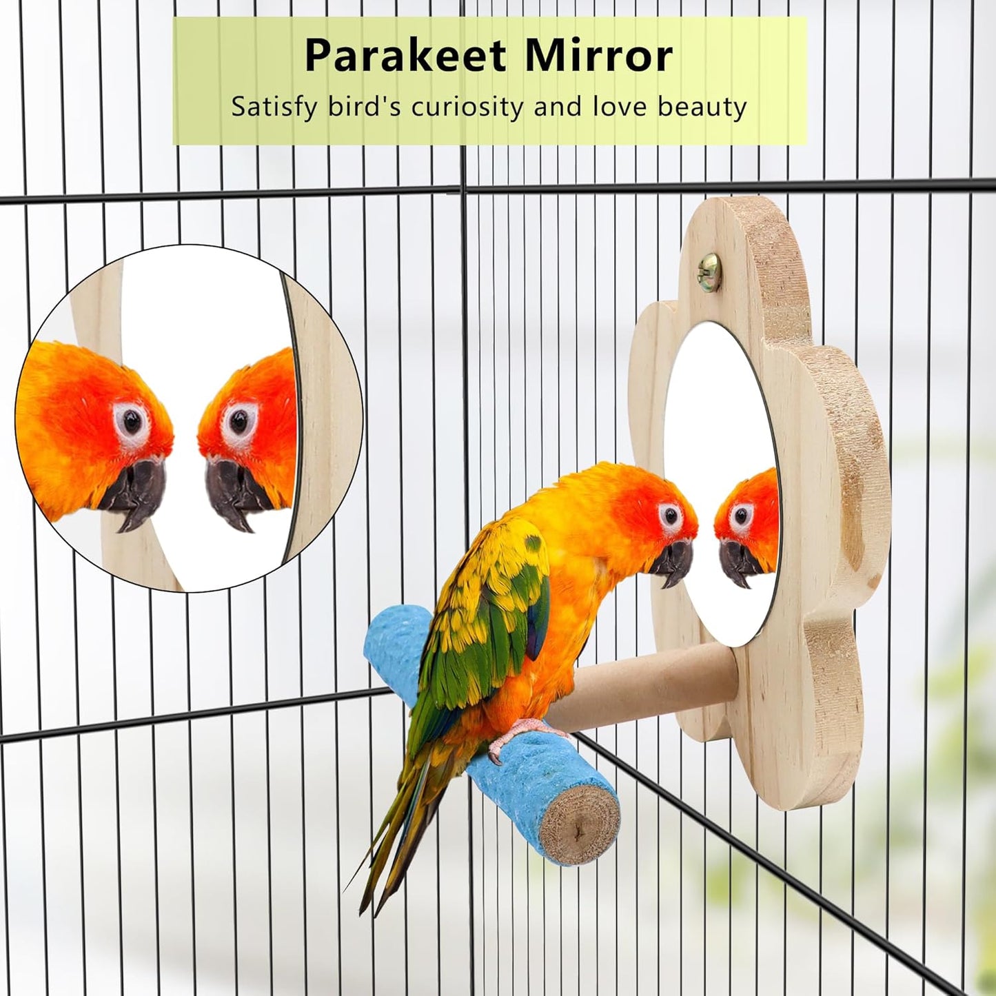 2Pcs Small Bird Mirror Parrot Swing,Wooden Parakeet Perches Flower Interactive Play Toys for Small Budgies Macaw African Grey Parakeets Lovebird Cockatiel Cage Accessories (S,Wood-2p)