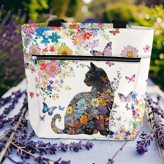 Waterproof Tote Bag with Pockets and Zipper for Work. Shoulder Bag for Women. Gift for Cat Lover Cat Owner.