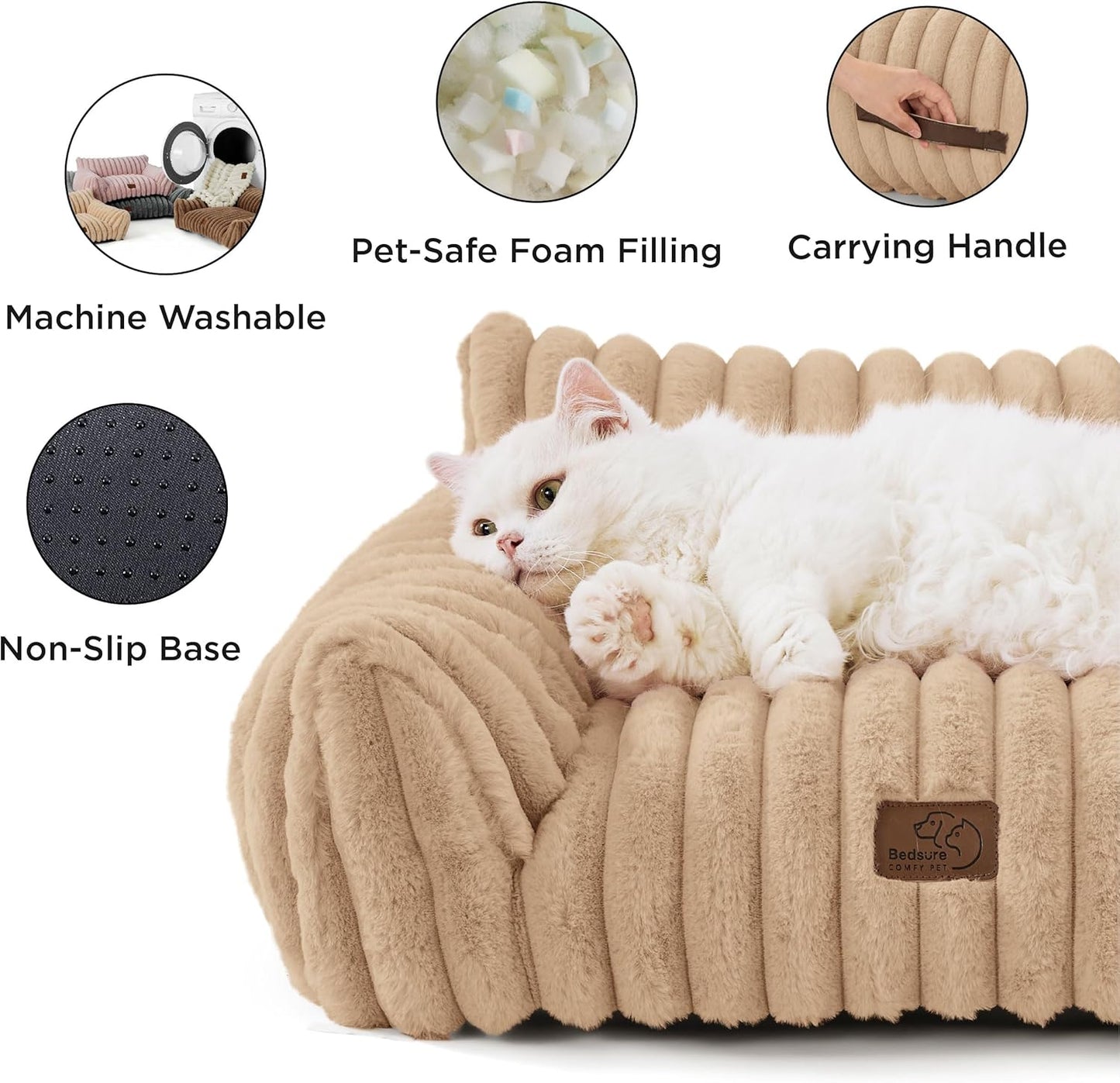 Bedsure Cute Cat Couch for Pets - Fluffy Cat Sofa with Premium Soft Corduroy Fleece, Fuzzy Pet Couch Bed with Removable Washable Cover, Supportive Pet Chair for Indoor Cats, 24inch, Tuscan Beige