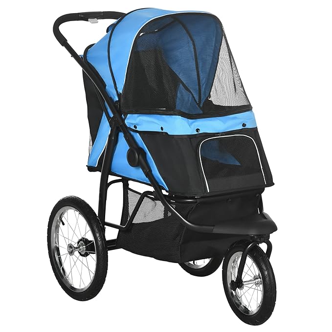 PawHut 3 Wheels Pet Stroller for Small and Medium Dogs, Foldable Cat Stroller Jogger with Adjustable Canopy, Safety Tether, Cushion, Storage Basket, Blue