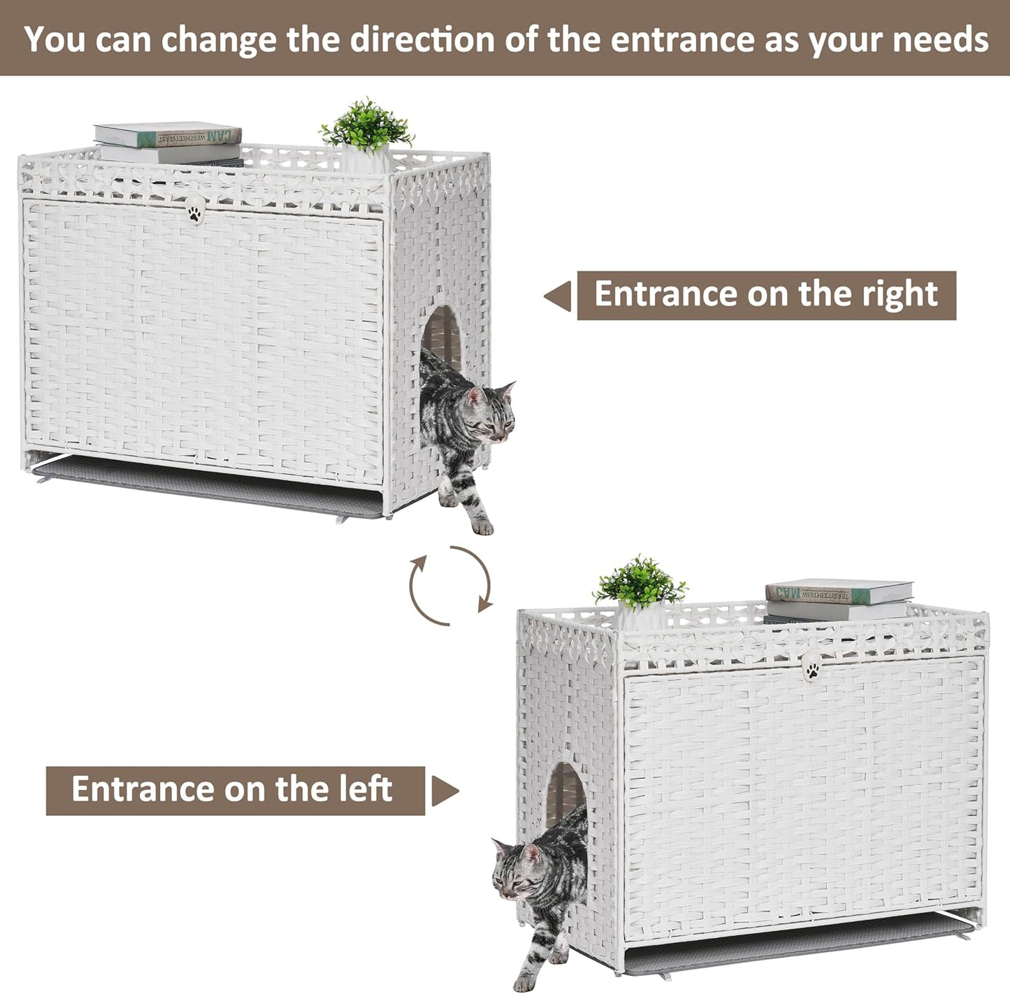 Cat Litter Box Enclosure with Soft Litter Mat; Hidden Cat Washroom Furniture with Door; Handwoven Rattan Cat House with Large Space; Pet Crate for Living Room, Bedroom, Balcony (White)