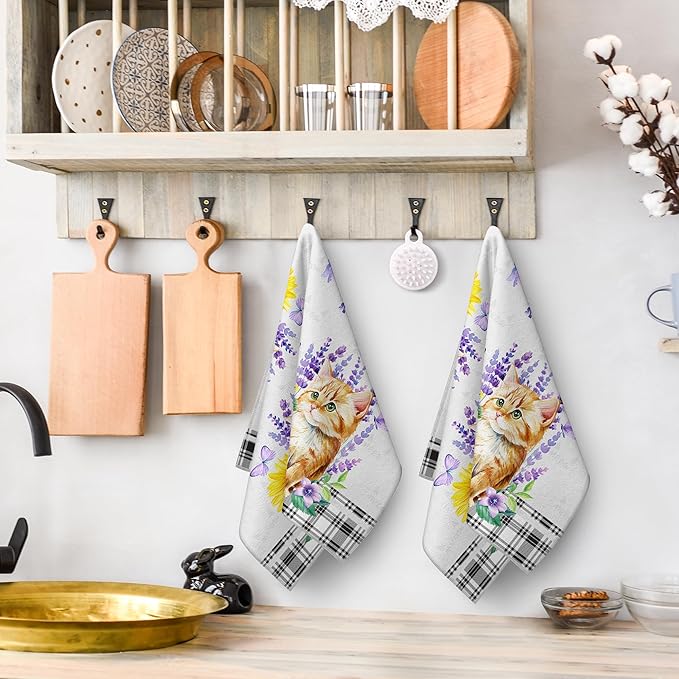 Cute Cat Kitchen Towel Decorative Set of 2, Funny Hand Towels, Sunflower Spring Summer Dish Towels for Kitchen Drying Bathroom Farmhouse Bar Home Decor, Gifts for Cat Loves Women