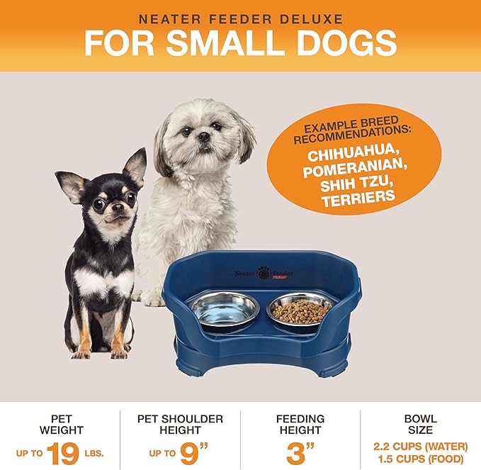Neater Pet Brands Neater Feeder Deluxe Mess Proof Dog Bowls Elevated for Small Dogs Under 19 lbs, Made in USA, No Spill Raised Dog Food Bowl Stand Feeding Station, Food and Water Bowl Set, Dark Blue