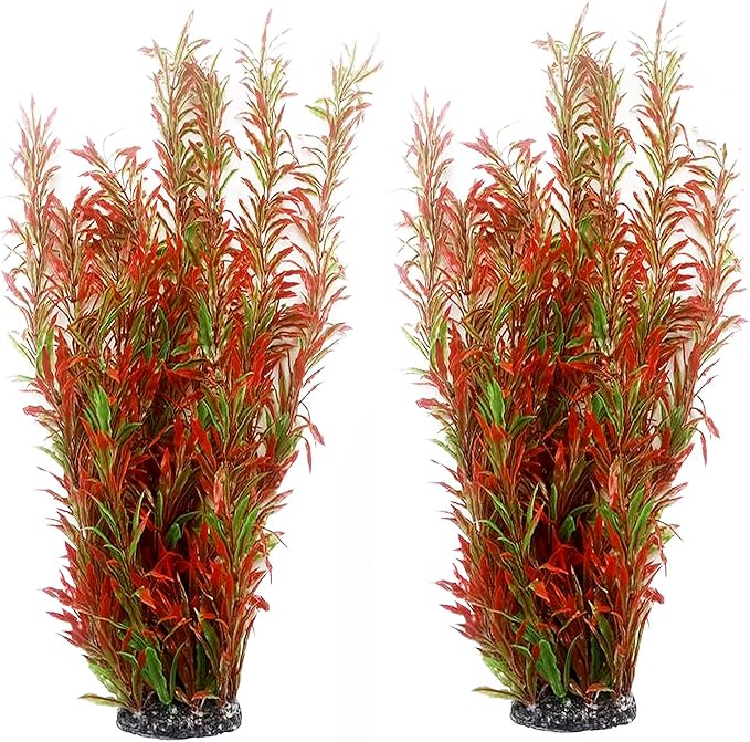 kathson Artificial Aquarium Plant Decorations,23.62 Inches Large Plastic Fish Tank Plants Tall Realistic Aquarium Accessories for Freshwater and Saltwater(Wine and Green,2 Pcs)