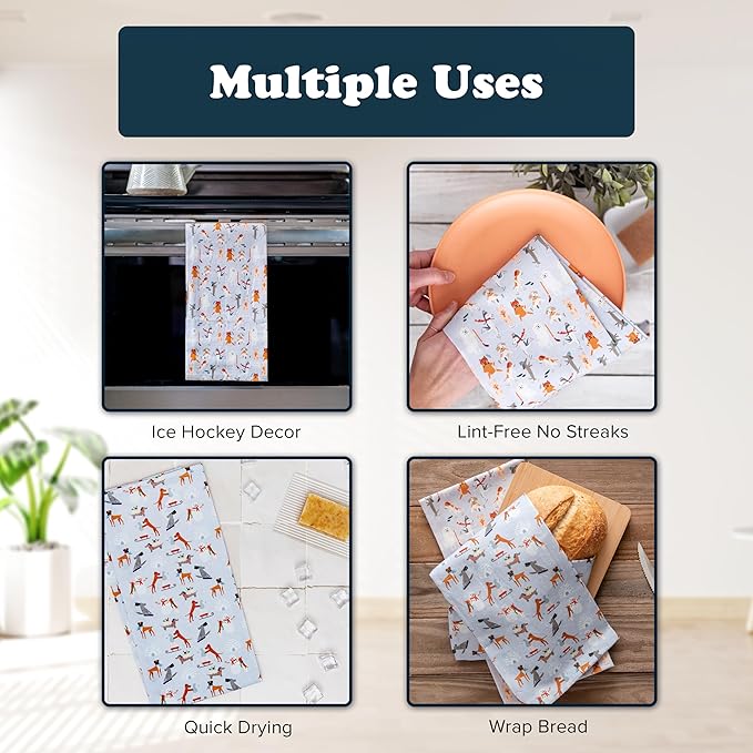 Dog Kitchen Towels - Ice Hockey Mom Gift Kitchen Towels - Rink Rover Puppies Skating Decor - Ice Hockey Decor Dog Tea Towels - Ice Skating Winter Tea Towel Set - 2-Pack (Ice Pups)