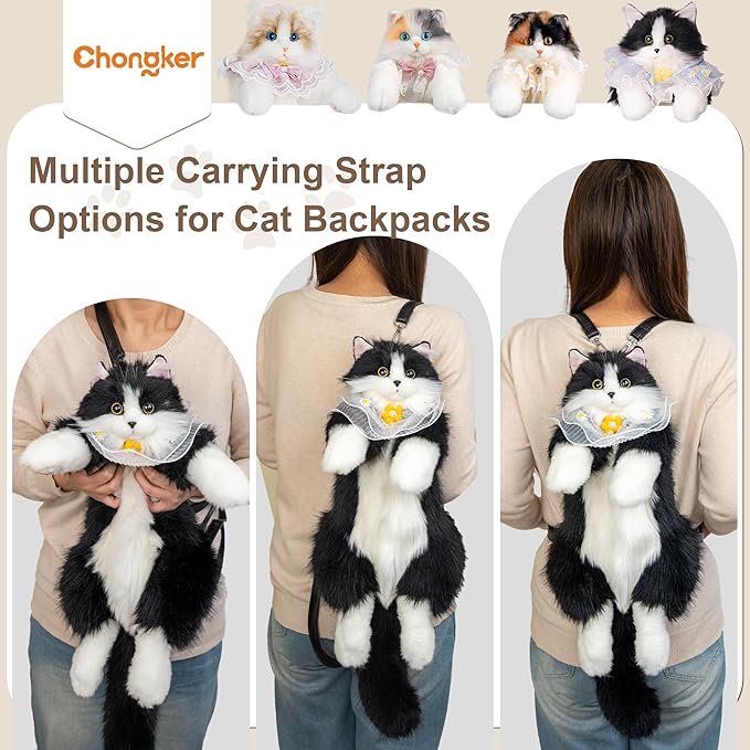 Chongker Stuffed Animals Backpack - Cute Cat plush Backpack Toy, Handcrafted Realistic Cat Shaped Backpack, Heartwarming Surprise Idea, Companionship Stuffed Cat, Large Black Cat