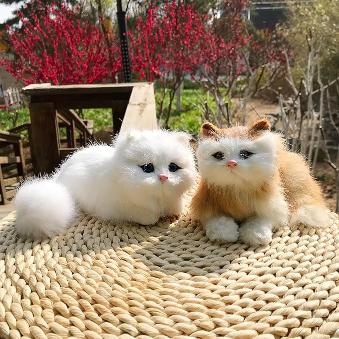 Pack of 2 Realistic Furry Baby Cats Figurines Simulation Kittens/Synthetic Fur Pet Stuffed House Animal Replica/Photo Props/Collectible Gift (Orange+White)