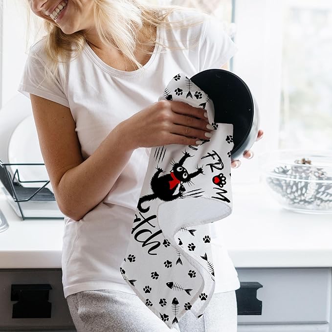 Cat Kitchen Towels Set of 2 - Hand and Dish Towels for Cat Lovers, Funny Tea Towels, Gifts for Women 18x28 Inches