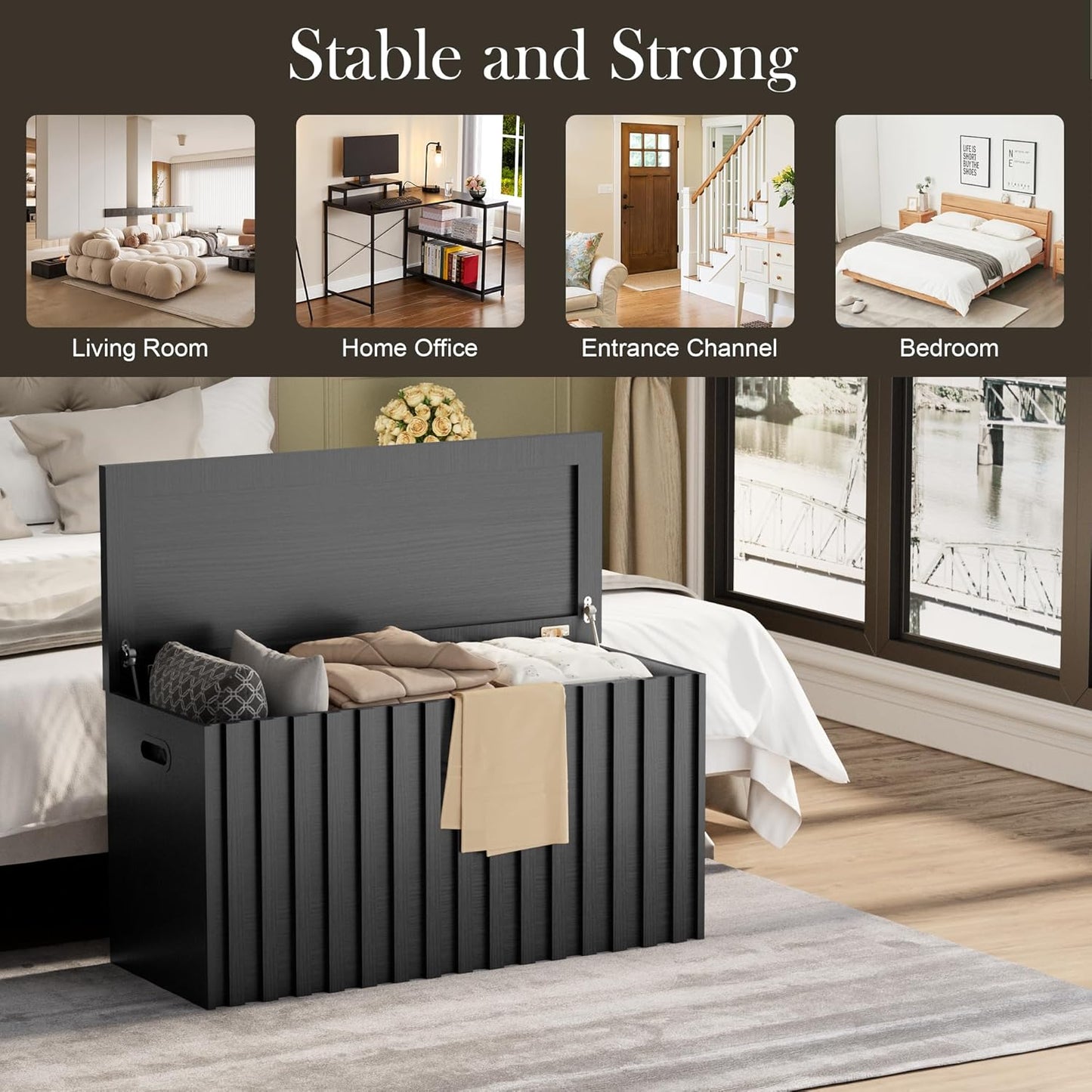 UEV Storage Bench,39.4" Wood Box, Storage Trunk with 2 Safety Hinges, Ottoman Storage Chest, Fluted Storage Bench for Bedroom, Entryway, Living Room(Black)