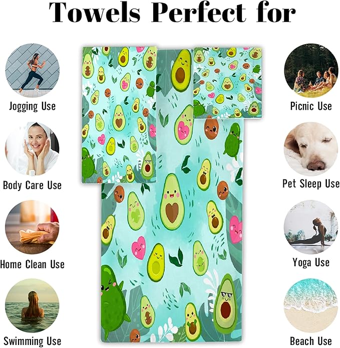 Cute Avocados 3 Piece Towel Bathroom Sets, 1 Bath Towel, 1 Washcloth, 1 Hand Towel, Cotton Fast Dry Soft Absorbent Towel Set for Home Kitchen Family