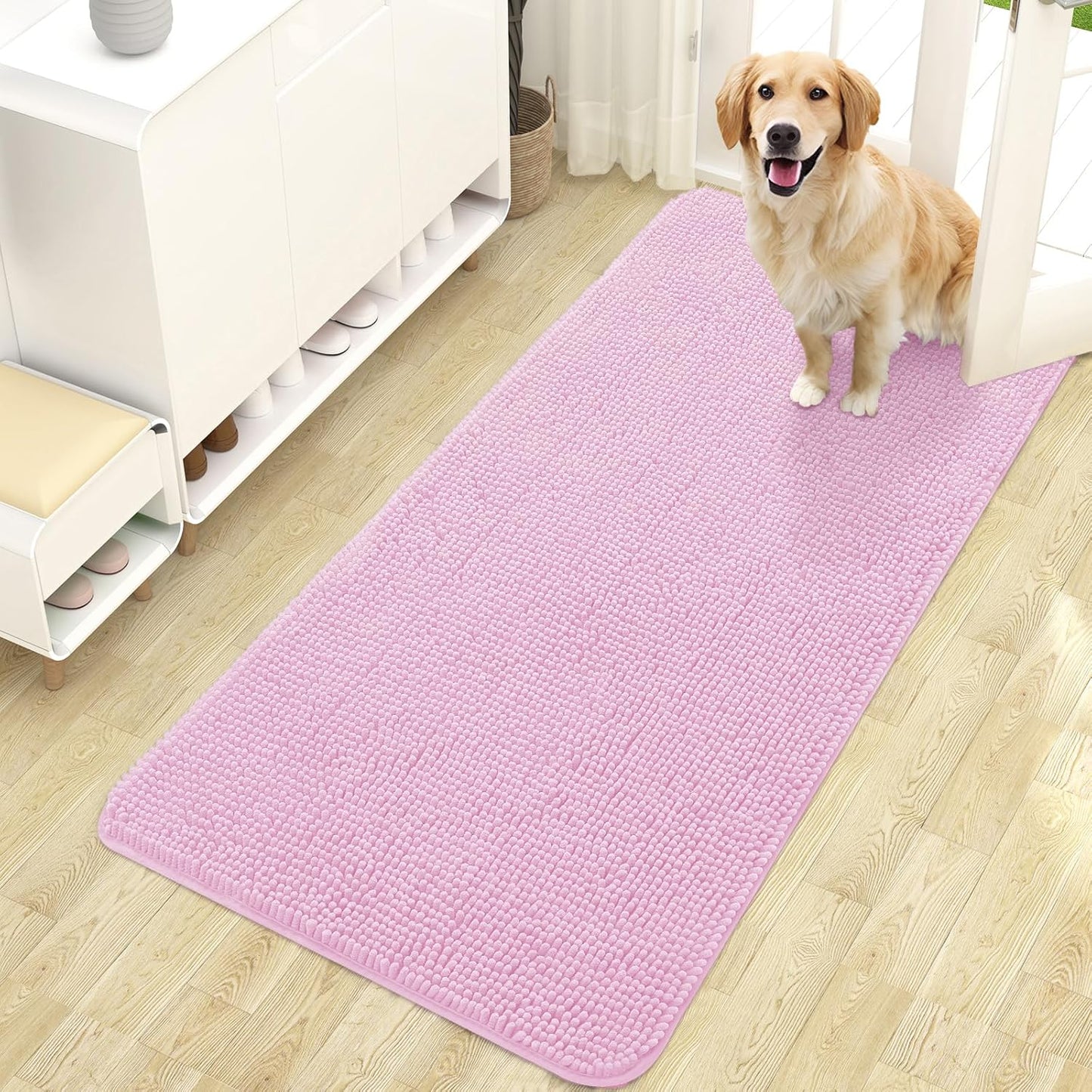 OLANLY Dog Door Mat for Muddy Paws 47x24, Absorbs Moisture and Dirt, Absorbent Non-Slip Washable Doormat, Quick Dry Chenille Mud Mat for Dogs, Entry Indoor Entryway Carpet for Inside Floor, Pink