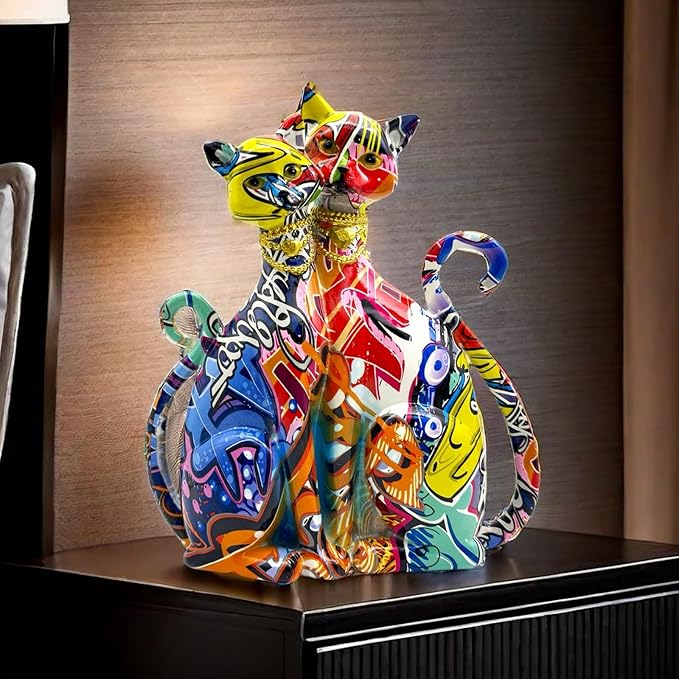 Colorful Cat Couple Lover Art Statue Figurine Sculpture, Cats Gifts for Cat Lover, Office Home Decor, Desk Accessories