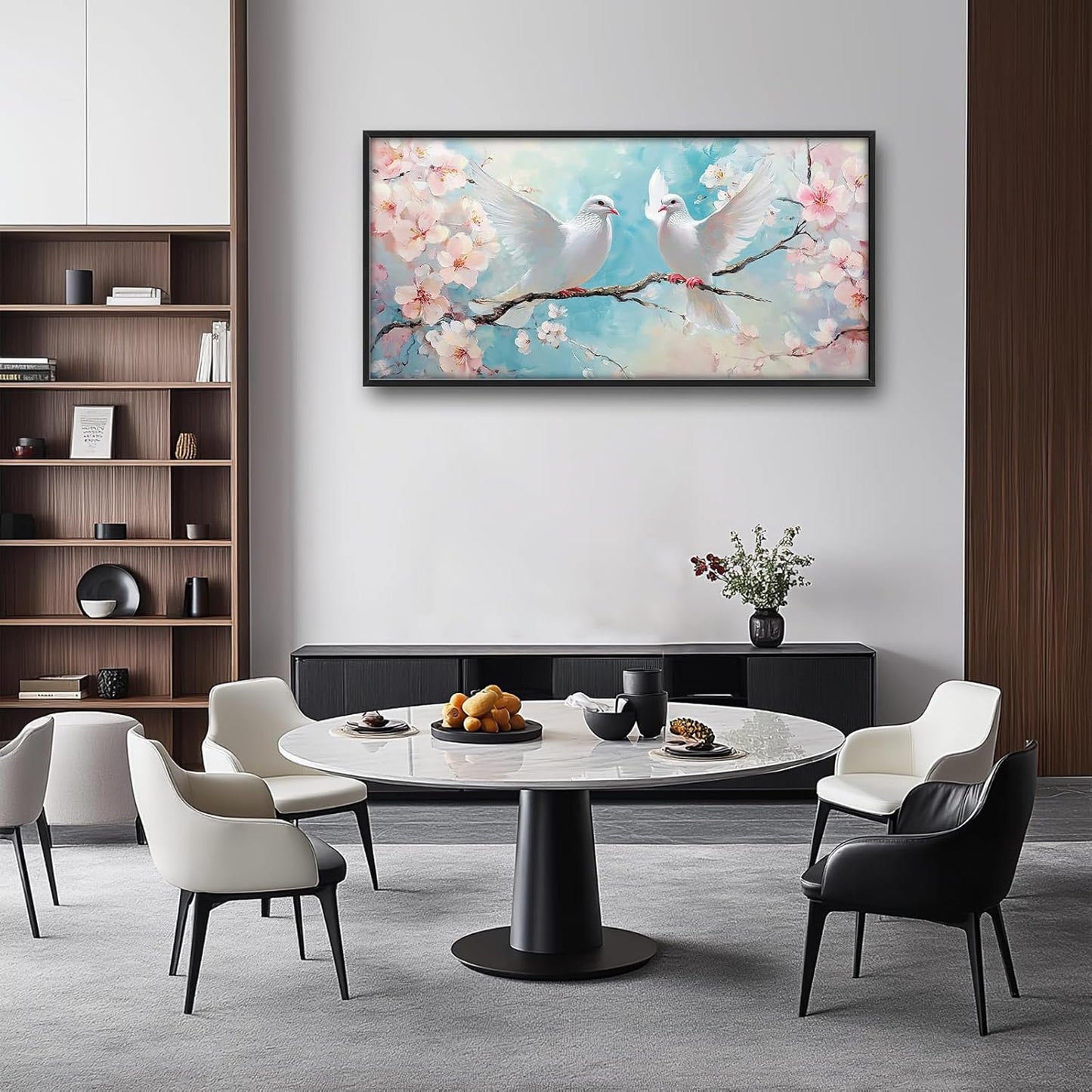 Large White Dove Flower Wall Art for Living Room, Framed Oversized Pigeon Cherry Blossom Wall Decor Nature Canvas Painting Modern Artwork for Living Room Bathroom Bedroom Office Dining Room 60"x30"