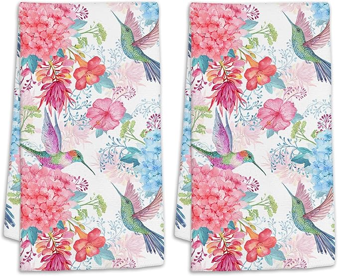 Hummingbirds Hand Towels Set of 2,Tropical Flowers Bath Hand Towels for Bathroom Decorative Soft Absorbent Dish Towels for Kitchen Bathroom Gym Hotel Spa Sport 16x24 Inches