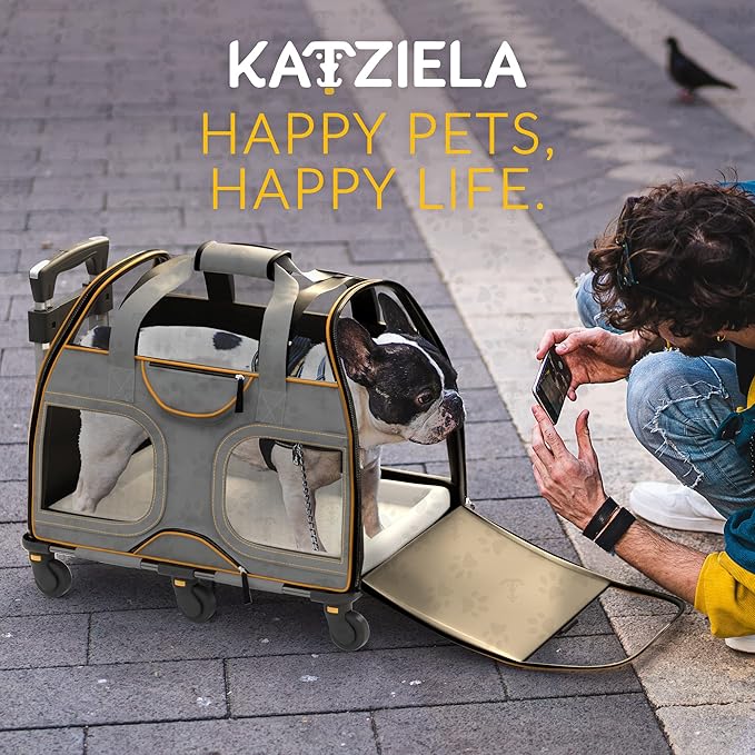Katziela Rolling Pet Carrier - Airline Compliant with Removable Wheels - TSA Approved for Small Dogs and Cats - Soft FAA Travel Airplane Underseat Wheeled Luggage