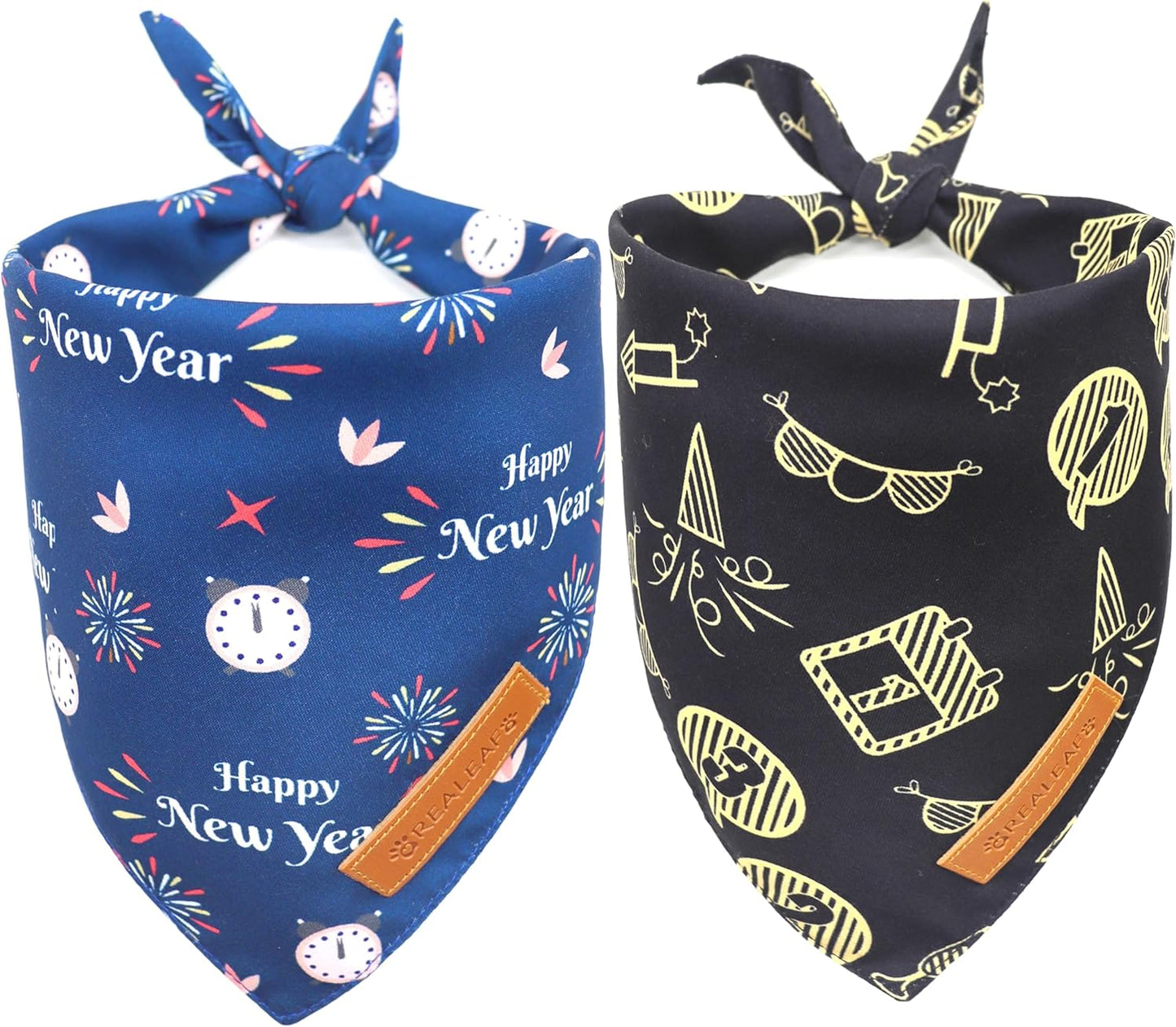 Realeaf Happy New Year Dog Bandanas 2 Pack, Reversible Holiday Pet Scarf for Boy and Girl, Premium Durable Fabric, Bandana for Small Medium Large and XLarge Dogs (X-Large)