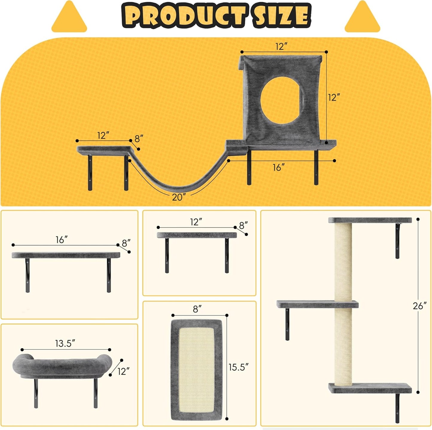 NUNU LAB Wall Mounted Cat Furniture, 6 Pcs Cat Wall Shelves with Condo House, Bridge, Steps, Scratcher, Hammock, Indoor Safe & Stable Furniture for Kittens Play, Dark Gray