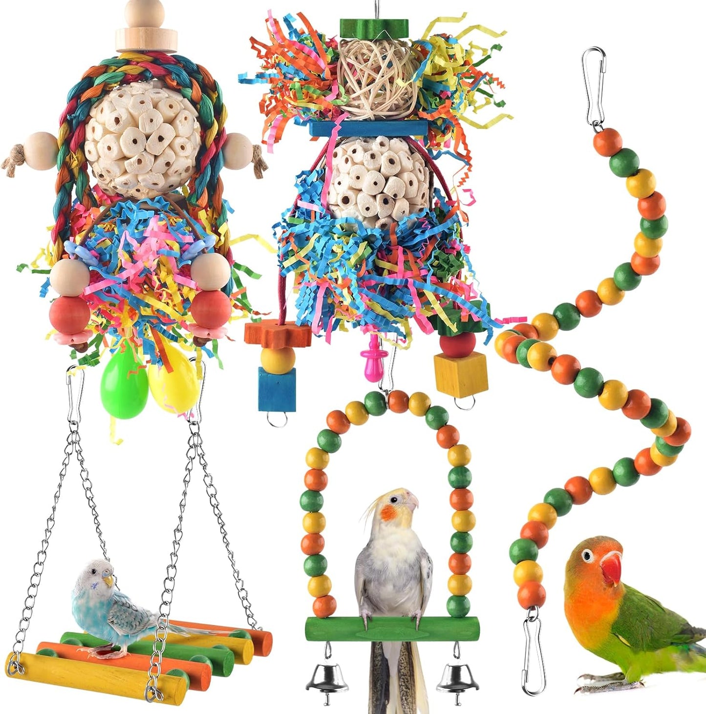 Bissap Conure Toys, 5 PCS Parrot Foraging Shredder Hanging Toys Sola Balls with Sand Hammer Perch Swing Climbing Ladder for Small Parrots Parakeets Conures Cockatiels Love Birds Cage Toy