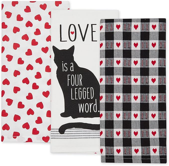 DII Valentine's Day Collection Kitchen, Dishtowel Set, 18x28, Cat Love, 3 Piece
