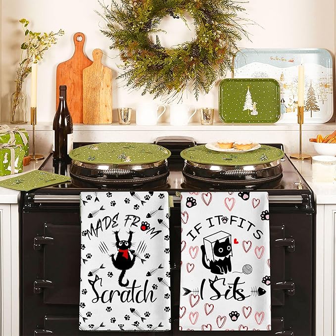 Cat Kitchen Towels Set of 2 - Hand and Dish Towels for Cat Lovers, Funny Tea Towels, Gifts for Women 18x28 Inches