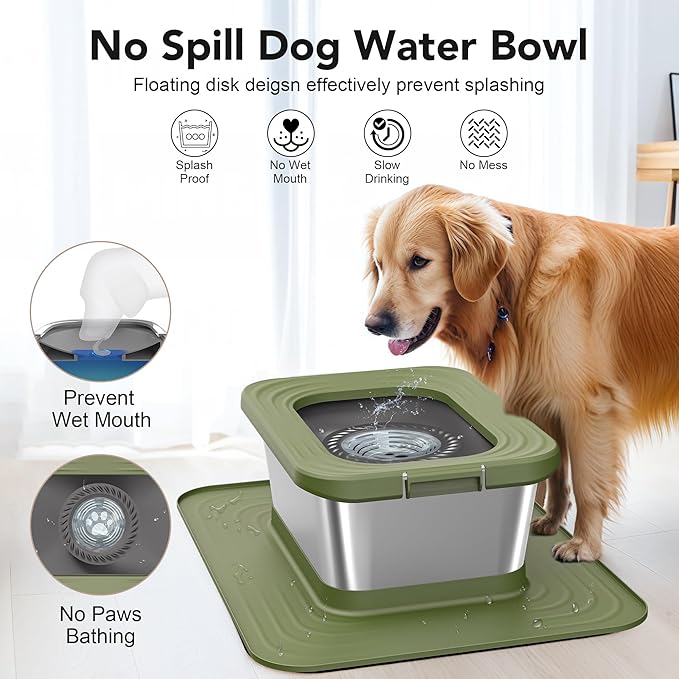 Decflow 10L Stainless Steel Dog Water Bowl, No Spill Anti-Splash Dog Bowls with XXL Silicone Mat, Spill-Proof Slow Feeder for Messy Drinkers, Heavy Duty Pet Bowls for Indoor/Outdoor Use