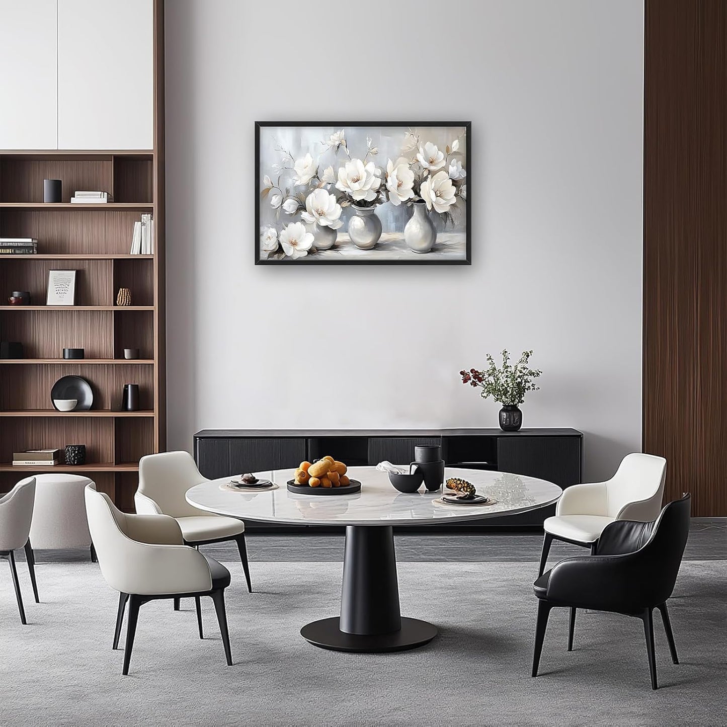 Large Farmhouse Floral Wall Art for Living Room, Framed Oversized White Flower Vase Wall Decor Grey Floral Canvas Painting Pictures Modern Artwork for Bathroom Bedroom Office Dining Room 36"x24"