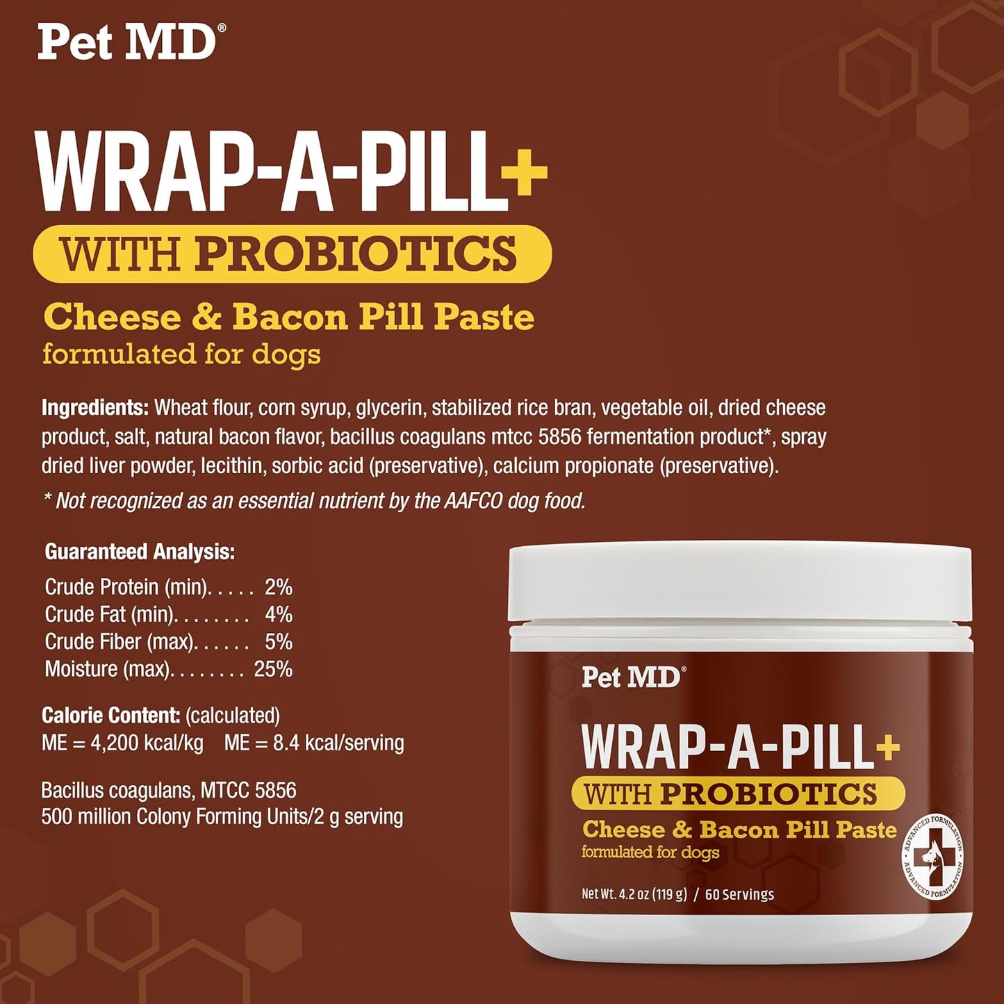 Pet MD Wrap-A-Pill with Dog Probiotics - Pill Wrap for Dogs Medicine - Easy-to-Use Paste to Hide Capsules, Create Pockets and Treats for Dogs - Cheese & Bacon (4.2oz)