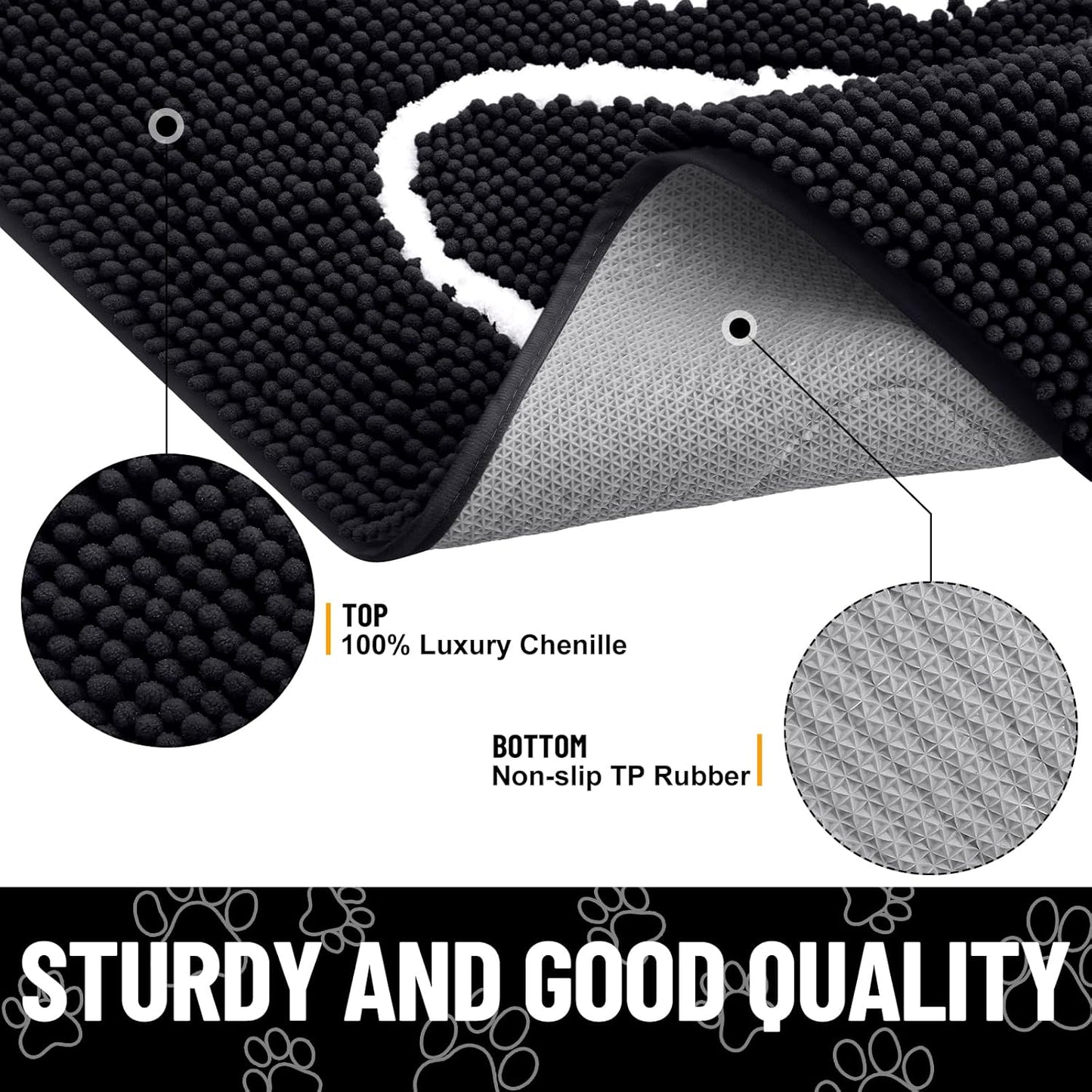 Smiry Dog Door Mat for Muddy Paws, Absorbent Dirt Trapper Non Slip Quick Dry Washable Chenille Mat for Mud Dogs, Entry Rug for Indoor and Outdoor (70x24 Inches, Black)