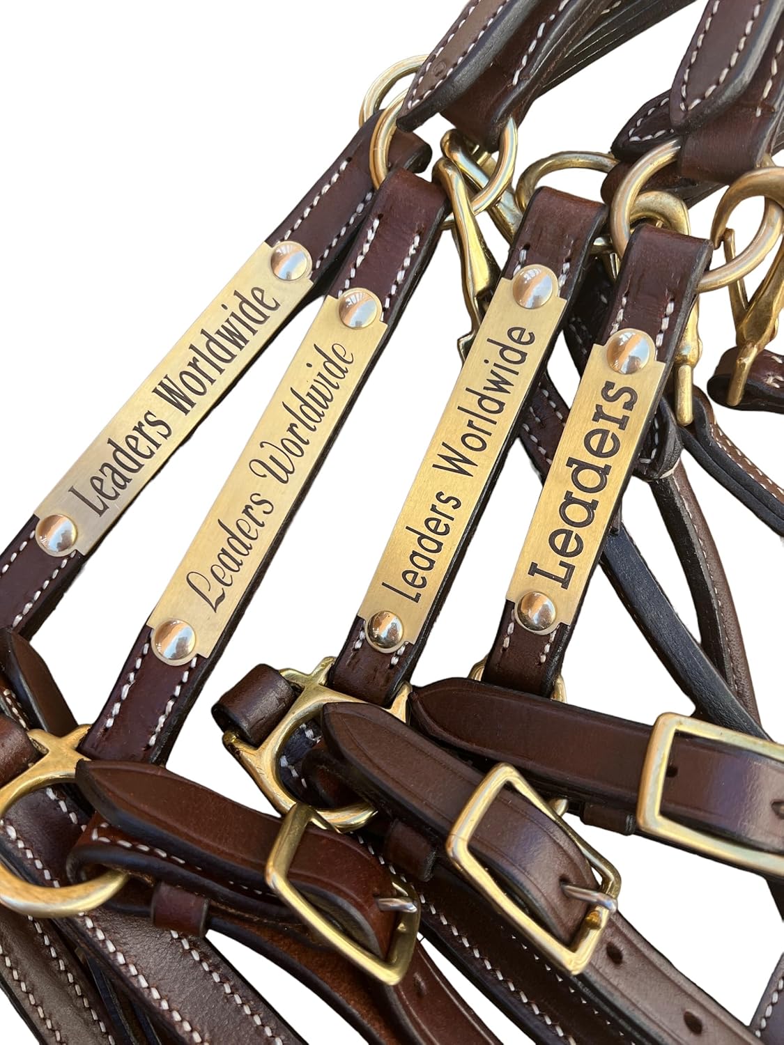 Leaders 3/4" Leather Halter for Horses with Customized Engraved Name Plate Brown Leather with Solid Brass Hardware