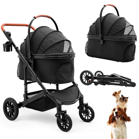 Pet Stroller with 4 Wheels, Foldable Pet Travel Carrier for Small/Medium Dogs Cats up to 50lbs, Detachble Portable Pet Bag, Storage Basket, Car Seat 3 in 1 Multifunctional (Black)