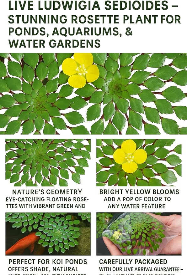 Ludwigia Sedioides Live Mosaic Plant for Ponds Aquariums Unique Floating Lily Like Rosette Leaves Aquatic Plant for Water Gardens Aquatic Koi Ponds Aquascaping Yellow Flowering Awesome Aquatic