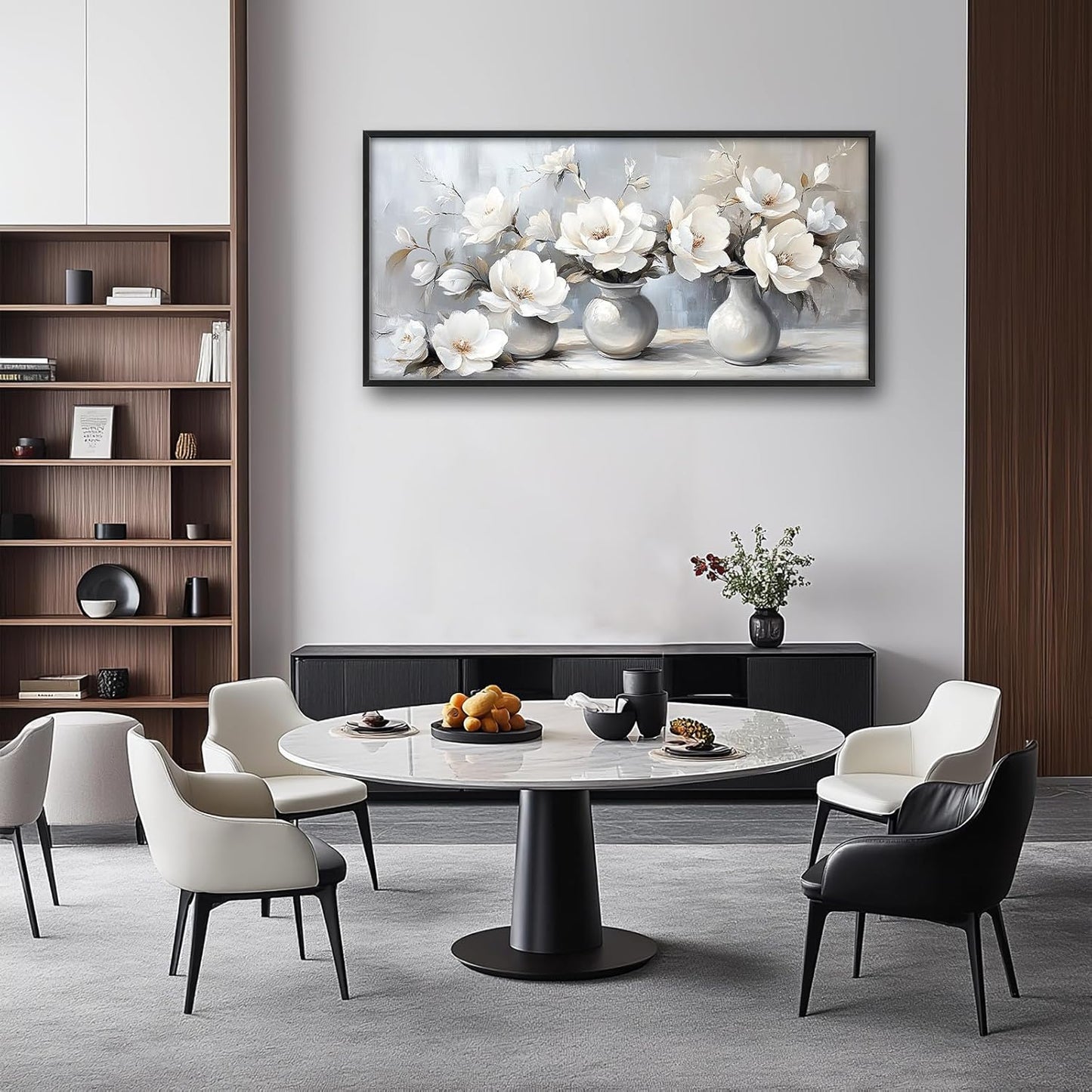 Large Farmhouse Floral Wall Art for Living Room, Framed Oversized White Flower Vase Wall Decor Grey Floral Canvas Painting Pictures Modern Artwork for Bathroom Bedroom Office Dining Room 60"x30"