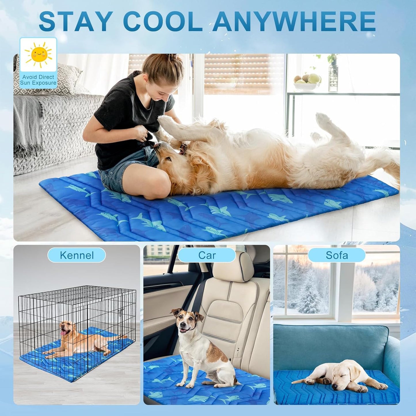 BEAUTYZOO Dog Cooling Mat- Upgraded Thicken Cooling Mat for Large Dogs Reversible(Cool & Warm) Pet Ice Cool Bed Washable & Portable, Summer Crate Pad for Big Dog Puppy Up to 80 lbs, Shark Blue 48X28IN