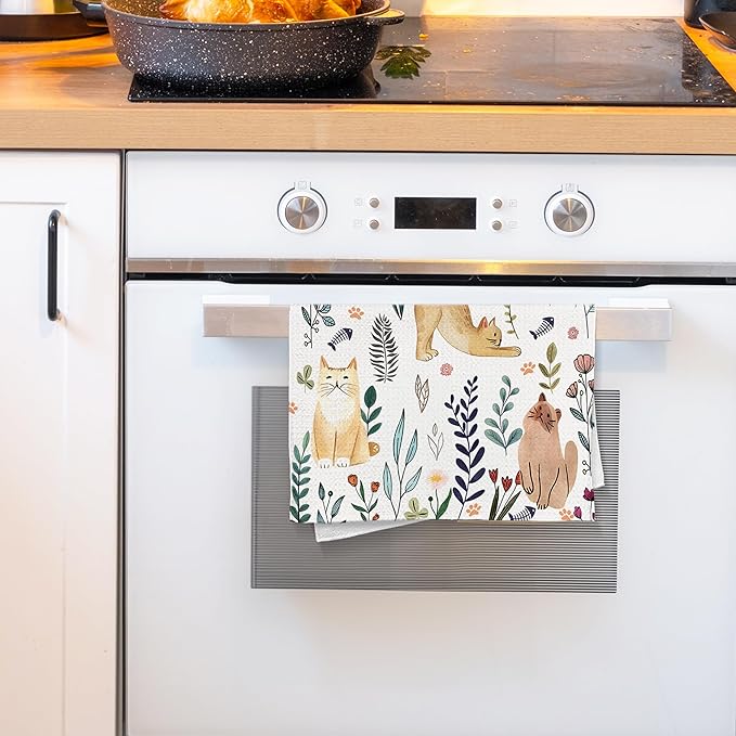 Pastoral Cat Kitchen Towels, Cat Lover Mom Lady Gifts Hand Towels for Bathroom Kitchen Decorative, Rustic Cottagecore Floral Kitty Kitten Dish Tea Towels Drying Cloth, 16x24 Inch
