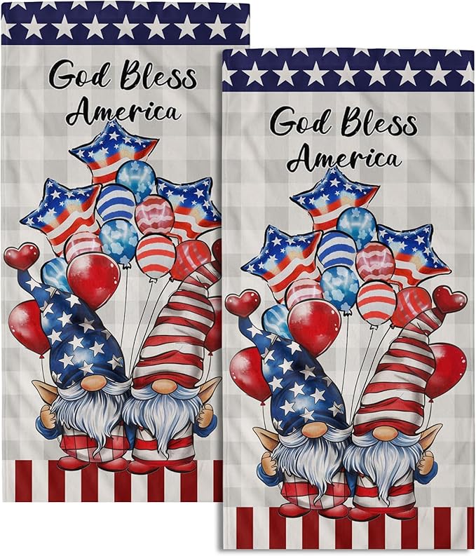 Patriotic Gnomes Hand Towels Set of 2 American Flag Kitchen Dish Towel Star Balloon Soft Microfiber Face Towel for Bathroom Home Decor