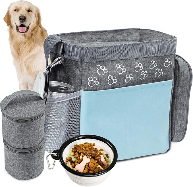 Dog Travel Bag with Treat Pouch, Airline Approved Dog Bags for Traveling, 2 Dog Food Travel Container, 2 Travel Bowls, Weekend Dog Travel Bag for Supplies, Dog Travel Kit Accessories
