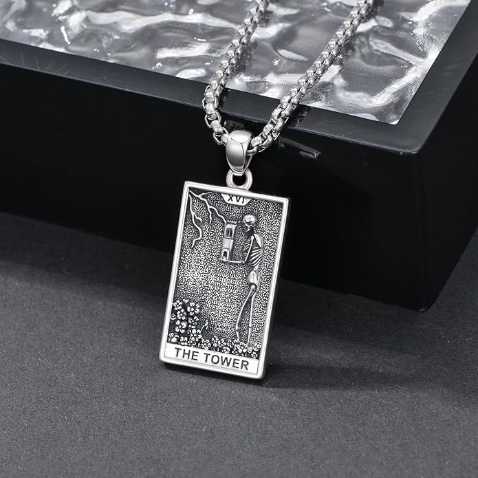 PELOVNY Tarot Card Necklace 925 Sterling Silver Skeleton Necklace The Sun Moon Star Strength Lovers Death Devil Fool Tarot Jewelry Christmas Birthday Gifts for Men Women Unisex