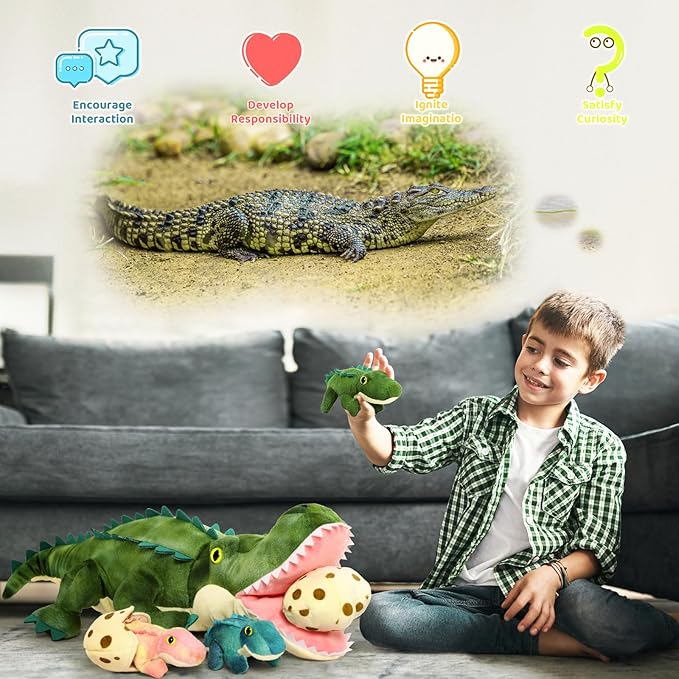 MorisMos Plush Alligator Stuffed Animal with Babies,23.6'' Mommy Stuffed Alligator with 3 Baby Crocodile Animals & 3 Plush Eggs,Lifelike Crocodile Toys for Kid 3-5 Birthday Decor