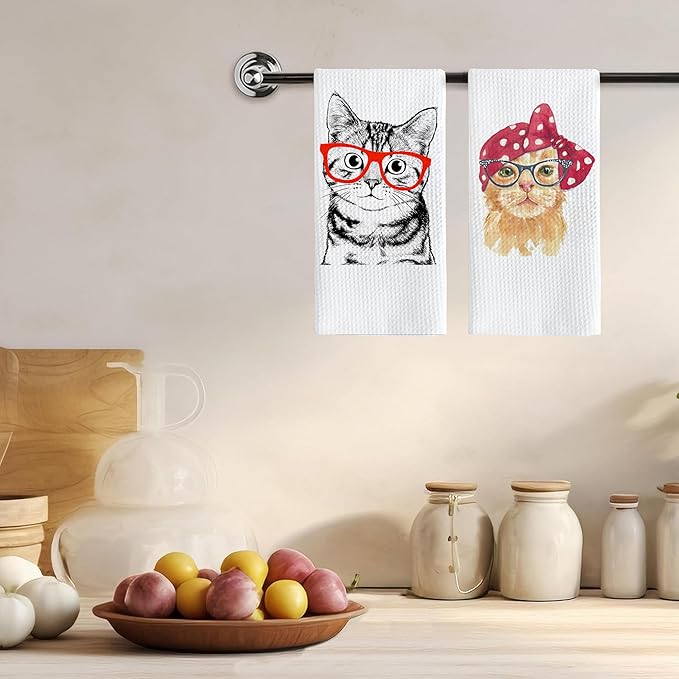Cat Kitchen Towels Set of 2, Cat Lovers Mom Owners Gifts for Women Hand Towels for Bathroom Decor, Funny Kitty Decorative Dish Tea Towels for Kitchen Decor, 16x24 Inches
