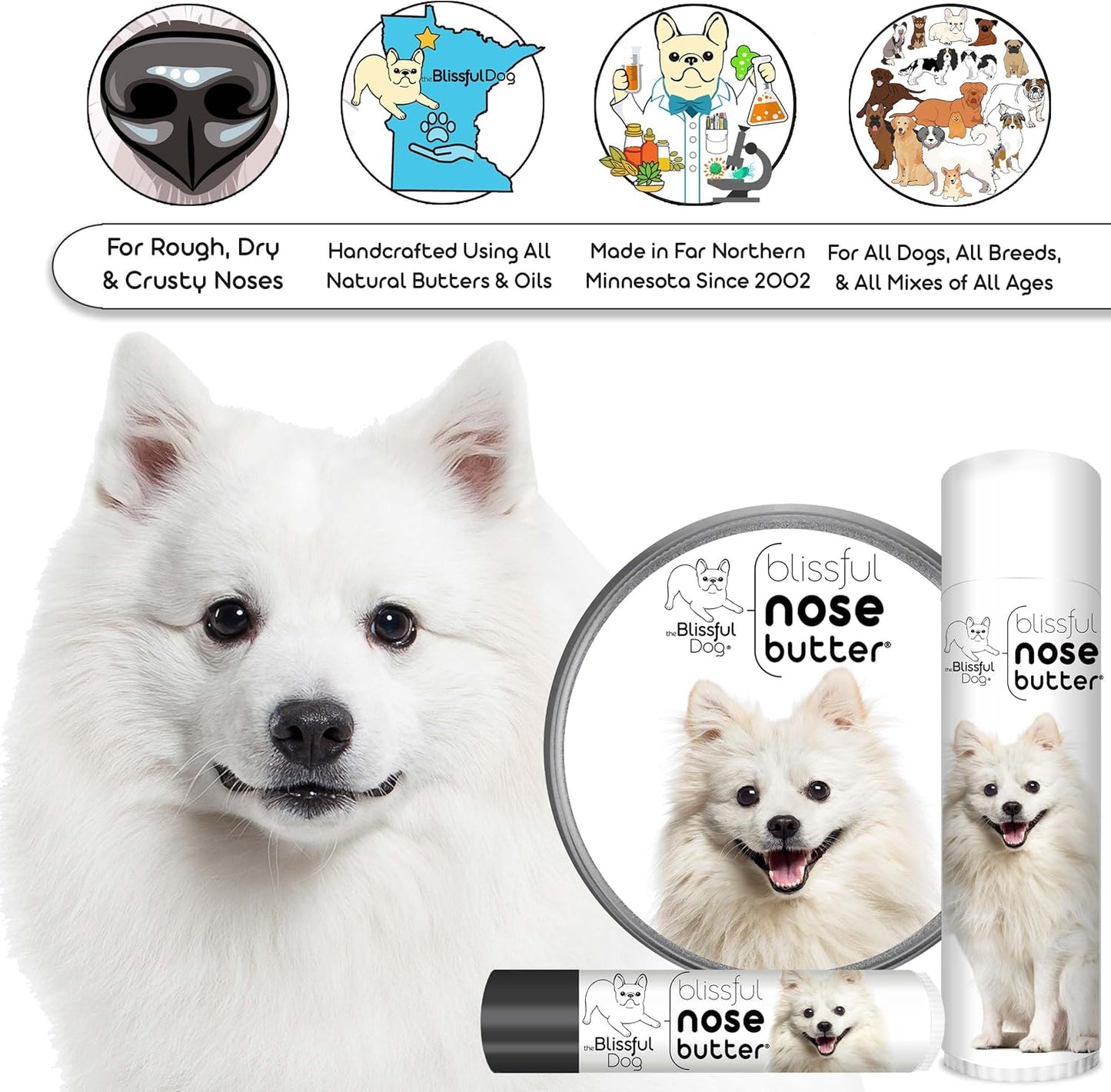 The Blissful Dog American Eskimo Nose Butter for Dry, Cracked Skin, Lick-Safe Dog Nose Balm with Moisturizing Shea Butter, Almond, Olive, and Essential Oils, Pet Supplies, Uncented, 0.15 oz.