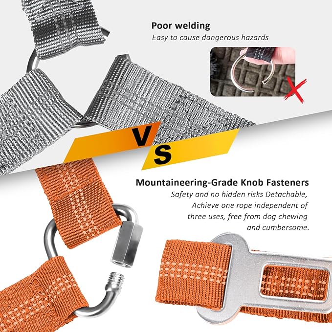 Removable Dog Seat Belt Harness for Car, 3 in 1 Pet Dog Car Seatbelt Leash, Retractable Restraint Secures to Vehicle Headrest & Adjustable Reflective Bungee Dog Seatbelt Tether,Orange